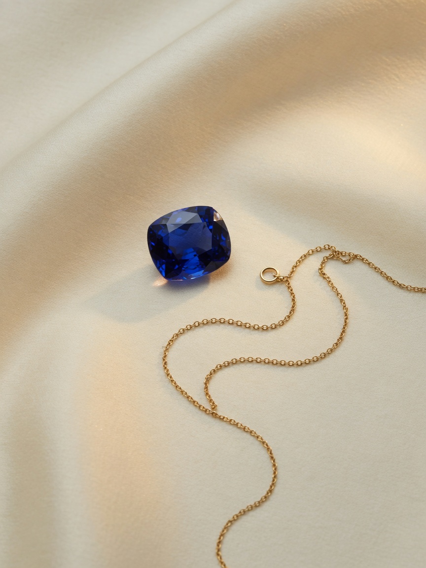 A cushion-cut blue sapphire beside a fine gold chain.
